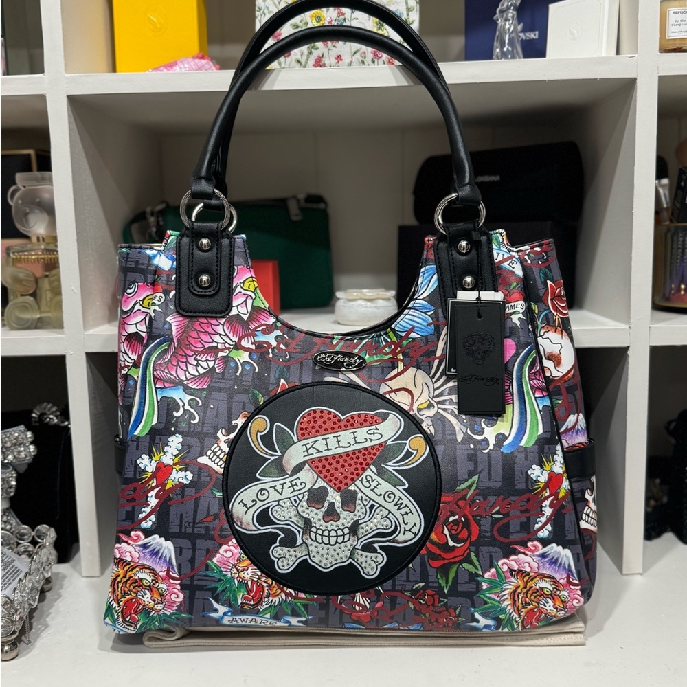 Ed Hardy Love Kills Slowly Tote Bag Black Rhinestones Y2K NWT